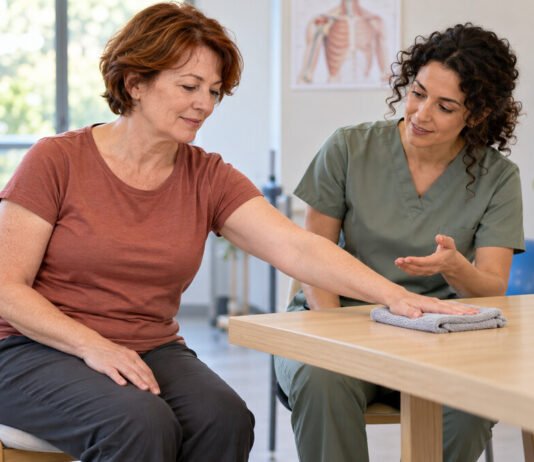 Woman practising a supported arm movement at a table with guidance from a rehabilitation professional.