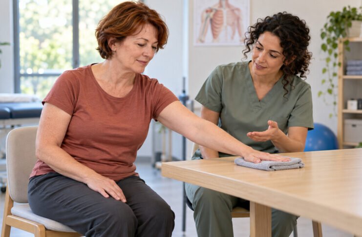Woman practising a supported arm movement at a table with guidance from a rehabilitation professional.