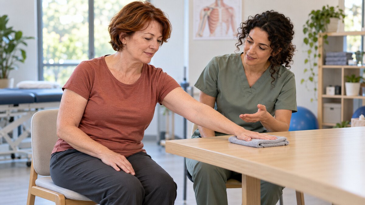 Après une mastectomie : épaule raide, cicatrice et douleur thoracique — quelle place pour l’ostéopathie ? Exercice doux de mobilité de l’épaule sur une table lors d’une réadaptation après chirurgie mammaire.