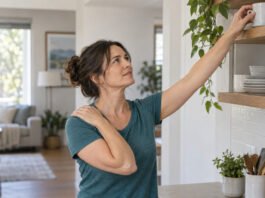 Femme levant le bras vers une étagère, illustrant les gestes du quotidien sollicitant l’épaule.