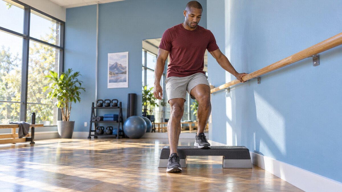 Douleur fémoropatellaire : faut-il corriger l’alignement du genou ? Homme effectuant un exercice contrôlé sur une marche basse avec appui sur une barre.