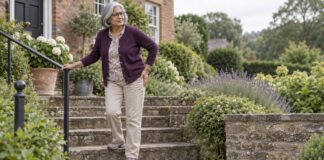 Femme dans un escalier, une main posée sur le côté de la hanche.