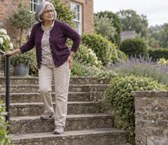 Femme dans un escalier, une main posée sur le côté de la hanche.