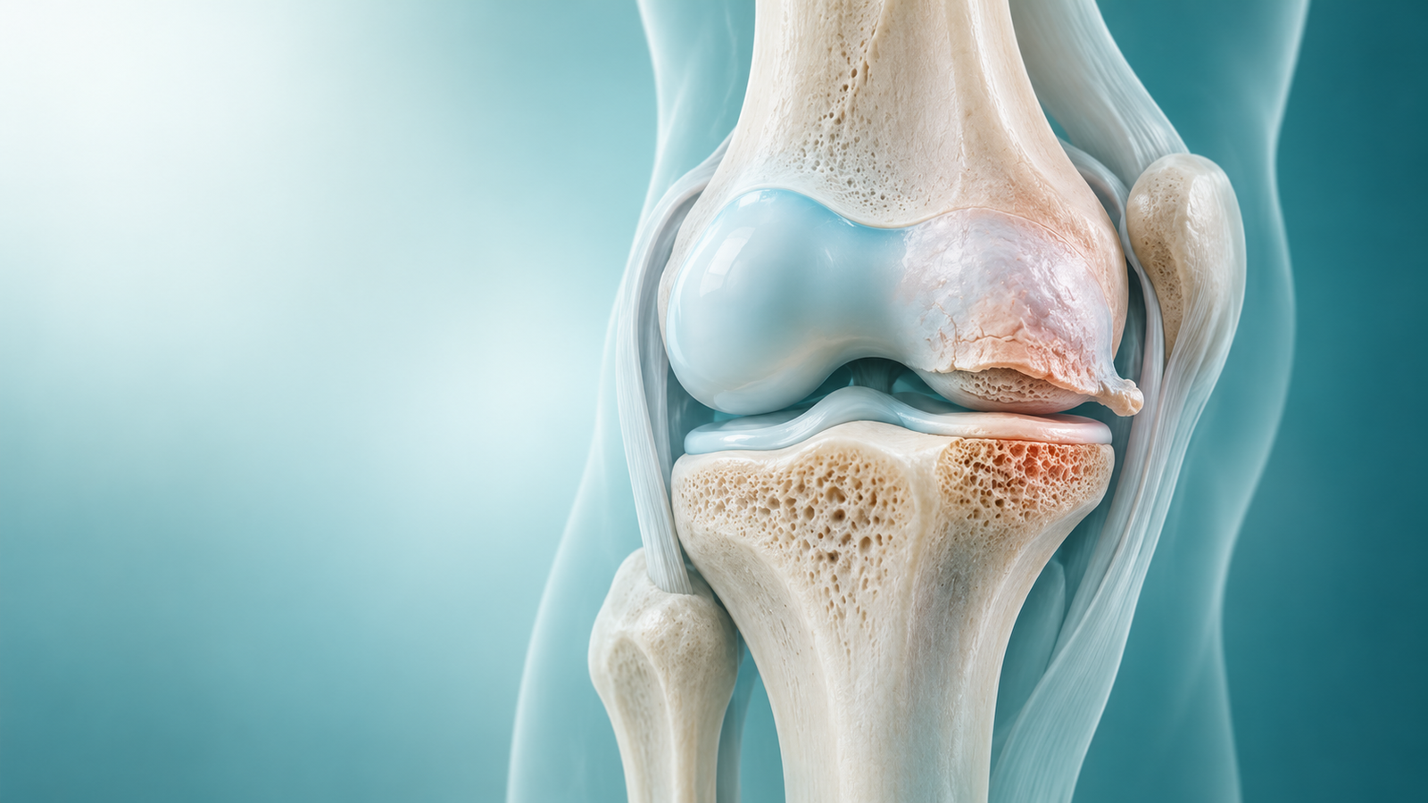 Illustration originale d’un genou montrant la transition entre cartilage sain et changements arthrosiques