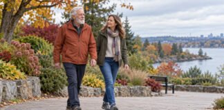 Marche accompagnée dans un parc pour illustrer la mobilité et l’autonomie au quotidien.