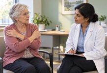 Une femme âgée évoque ses douleurs aux deux épaules lors d’une consultation médicale.
