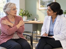 Polymyalgia rheumatica : quand une douleur des épaules et des hanches ne doit pas être traitée comme de simples tensions Une femme âgée évoque ses douleurs aux deux épaules lors d’une consultation médicale.
