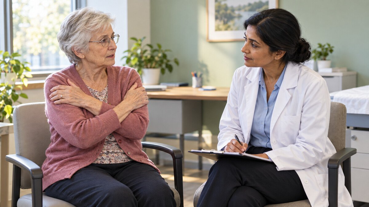 Polymyalgia rheumatica : quand une douleur des épaules et des hanches ne doit pas être traitée comme de simples tensions Une femme âgée évoque ses douleurs aux deux épaules lors d’une consultation médicale.