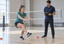 Pourquoi un sportif peut-il se sentir mieux après une séance sans être prêt à retourner au jeu ? Sportive effectuant un test fonctionnel sur une jambe sous observation avant son retour au volleyball.