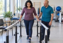 Sclérose en plaques et douleurs musculosquelettiques : que peut raisonnablement faire l’ostéopathe ? Travail de la marche entre des barres parallèles, sous supervision en réadaptation neurologique.