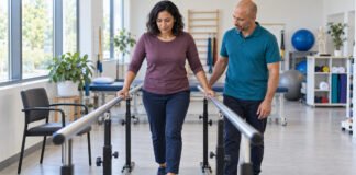 Travail de la marche entre des barres parallèles, sous supervision en réadaptation neurologique.