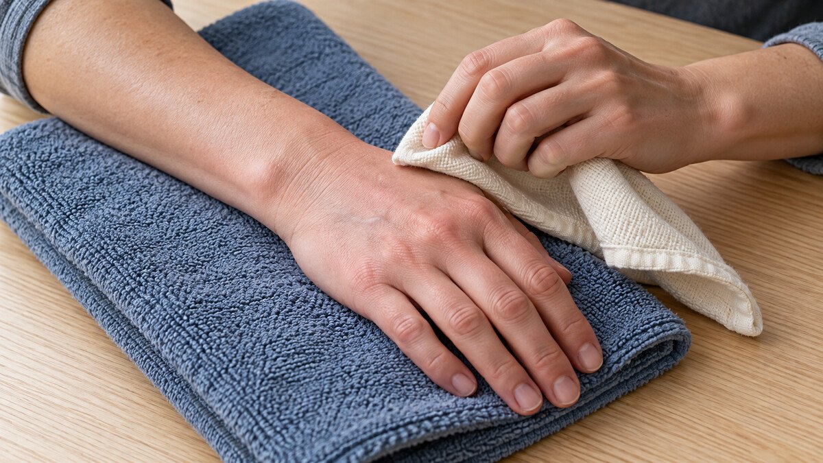Syndrome douloureux régional complexe (SDRC/CRPS) : quelle place pour un toucher extrêmement progressif ? Contact léger avec un tissu doux sur une main sensible, contrôlé par la personne.