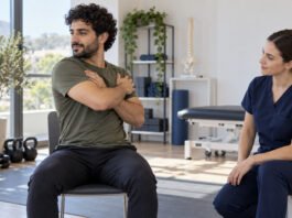Spondyloarthrite axiale : quand la raideur n’est pas simplement un problème mécanique Exercice doux de rotation du tronc sous supervision en réadaptation.