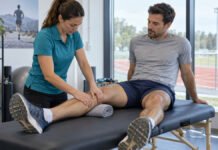 Traitement manuel avant une compétition : peut-il réellement améliorer la performance ? Traitement manuel doux de la jambe d’un sportif dans une salle de préparation près d’une piste d’athlétisme.