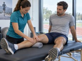 Traitement manuel doux de la jambe d’un sportif dans une salle de préparation près d’une piste d’athlétisme.