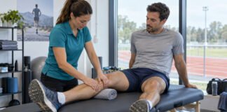 Traitement manuel doux de la jambe d’un sportif dans une salle de préparation près d’une piste d’athlétisme.