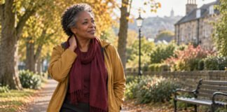 Femme reprenant une marche douce, une main posée sur le côté du cou.