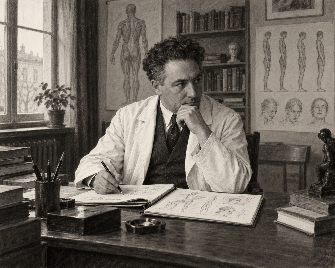 Illustration originale de Wilhelm Reich étudiant la posture, la respiration et les tensions corporelles