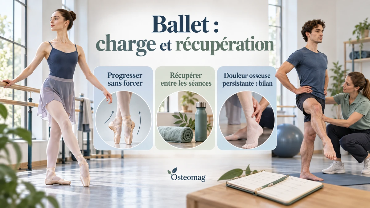 Illustration Osteomag : ballet, renforcement et trois repères sur la progression, la récupération et la douleur osseuse.