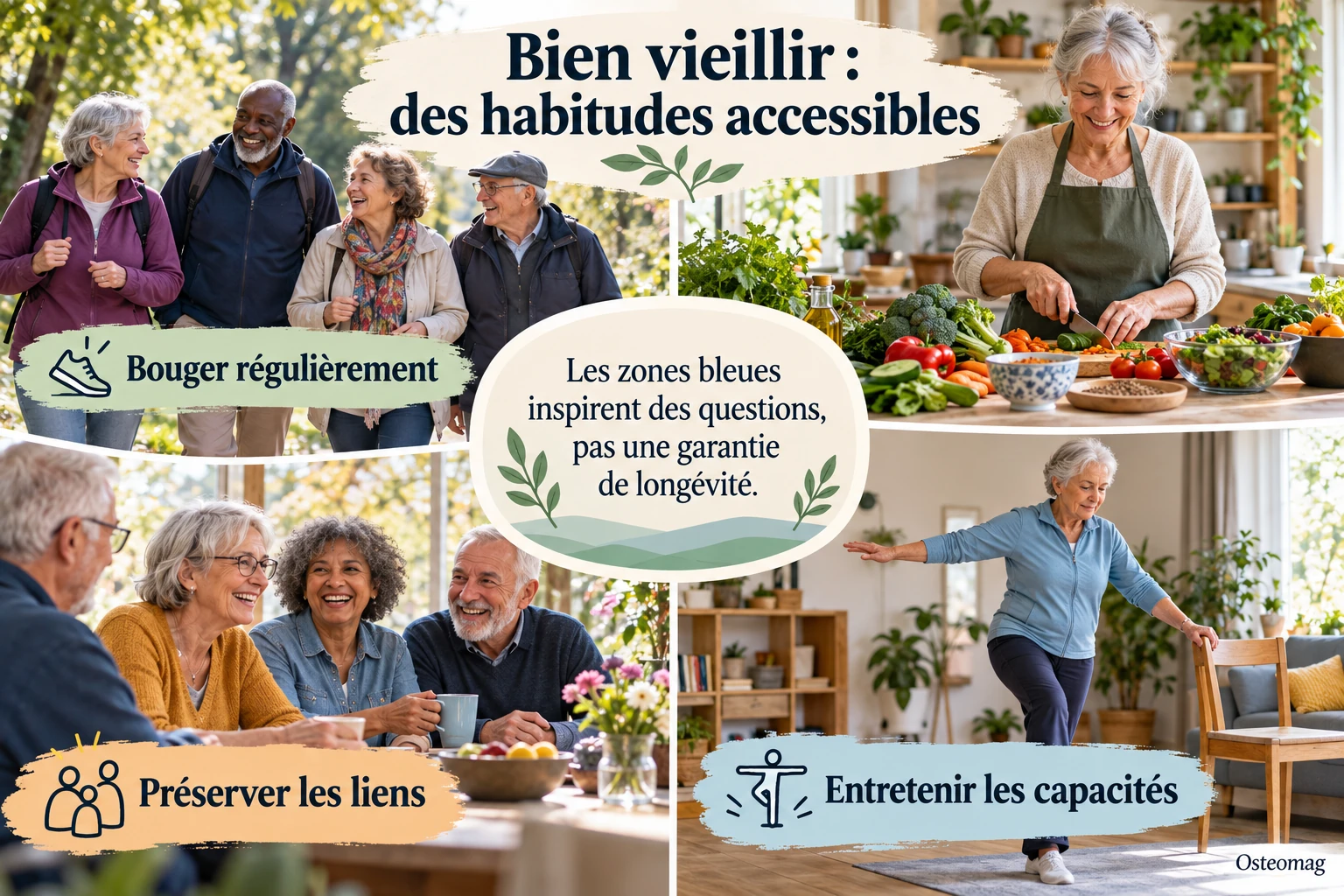 Illustration Osteomag : mouvement, repas partagé, liens sociaux et entretien de l’équilibre.