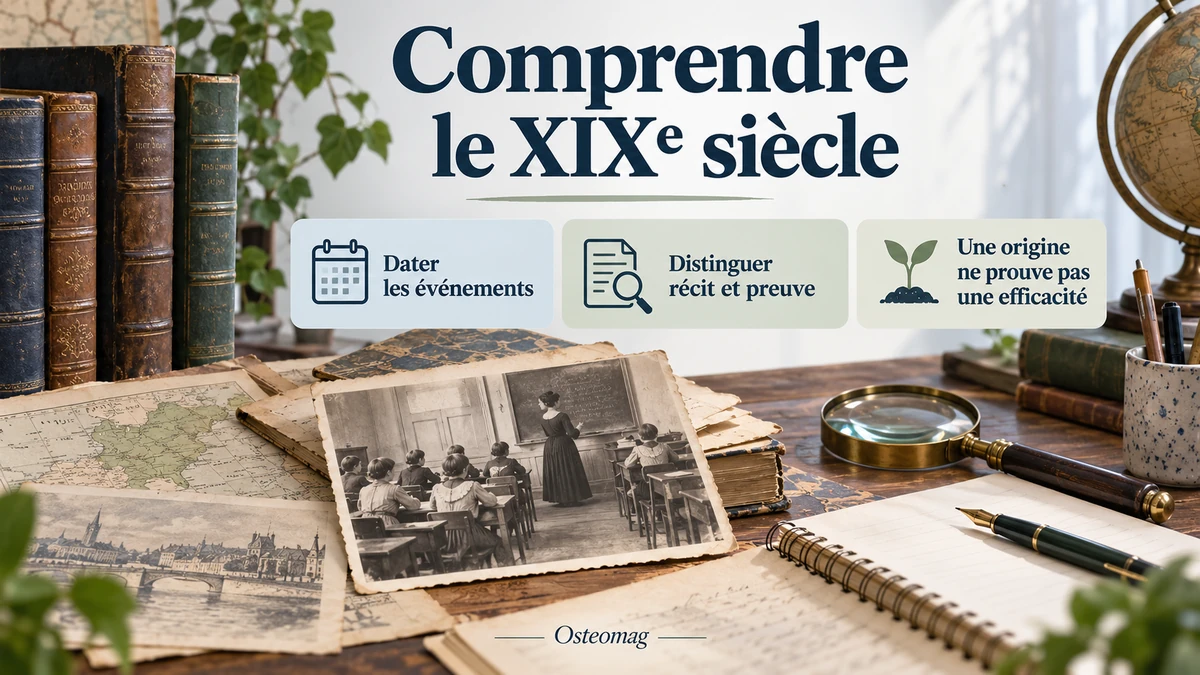 Illustration Osteomag : livres et documents anciens, avec repères pour distinguer récit historique et preuve clinique.