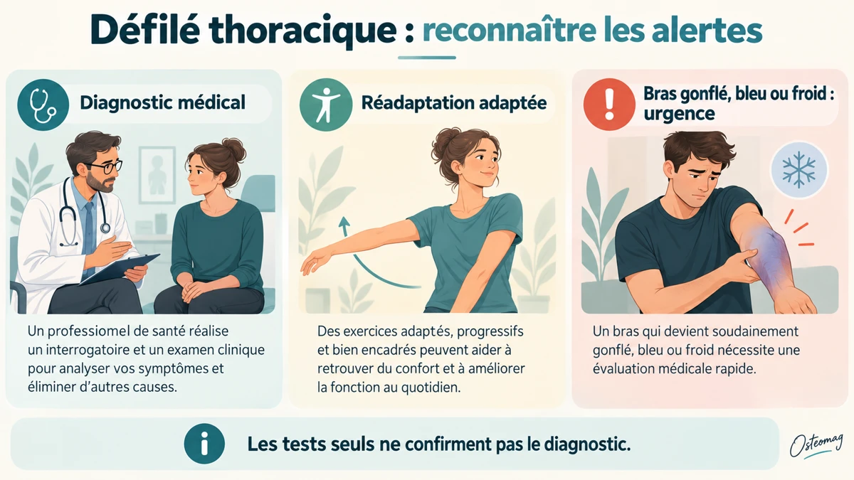 Diagnostic médical, réadaptation adaptée et urgence devant un bras soudainement gonflé, bleu ou froid.
