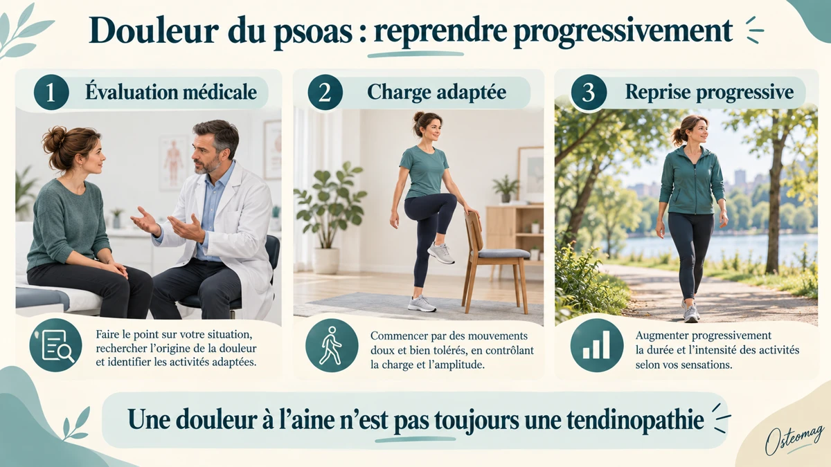 Évaluation médicale, charge adaptée et reprise progressive ; une douleur à l’aine n’est pas toujours une tendinopathie.