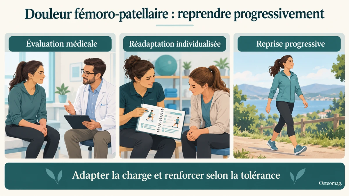 Illustration éducative de reprise progressive pour douleur fémoro-patellaire — Osteomag