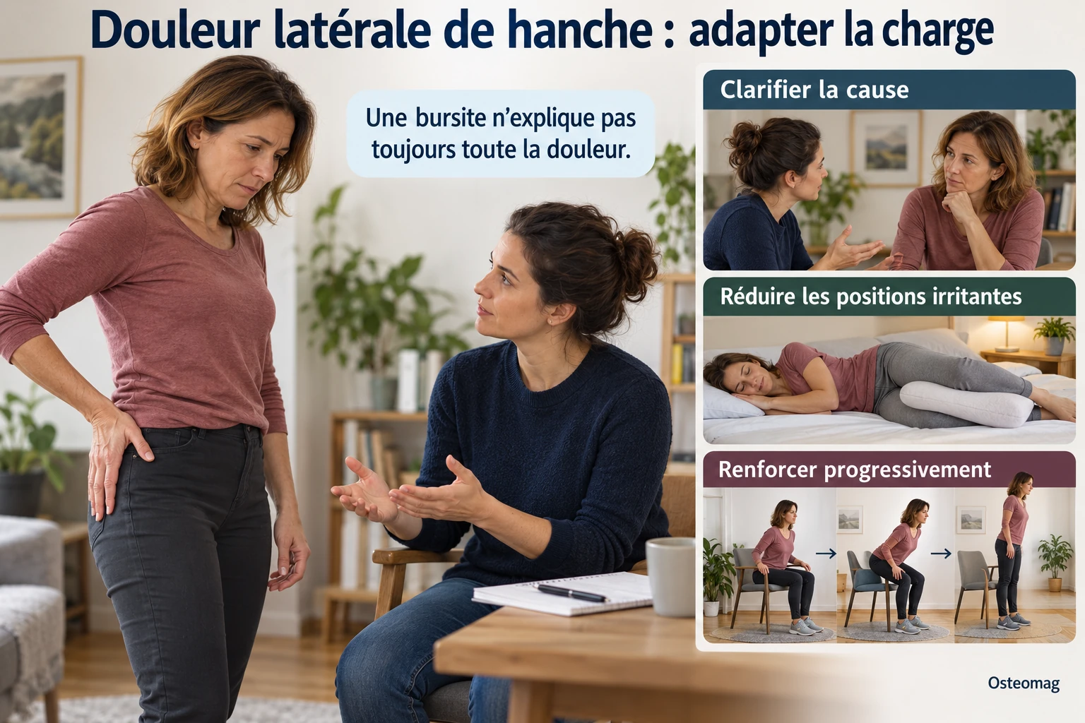 Illustration Osteomag : douleur externe de hanche, position de repos et renforcement progressif.