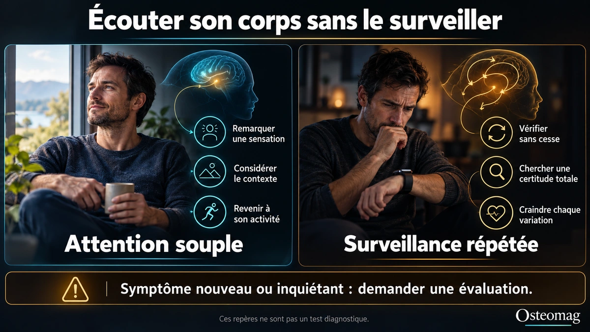 Infographie comparant une attention souple aux sensations et une surveillance répétée, avec un rappel de consulter pour un symptôme inquiétant.
