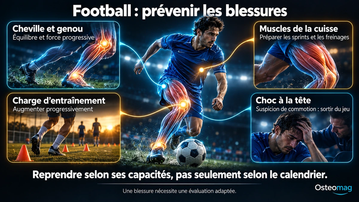 Prévention des blessures au soccer : force, préparation aux sprints, charge progressive et commotion.