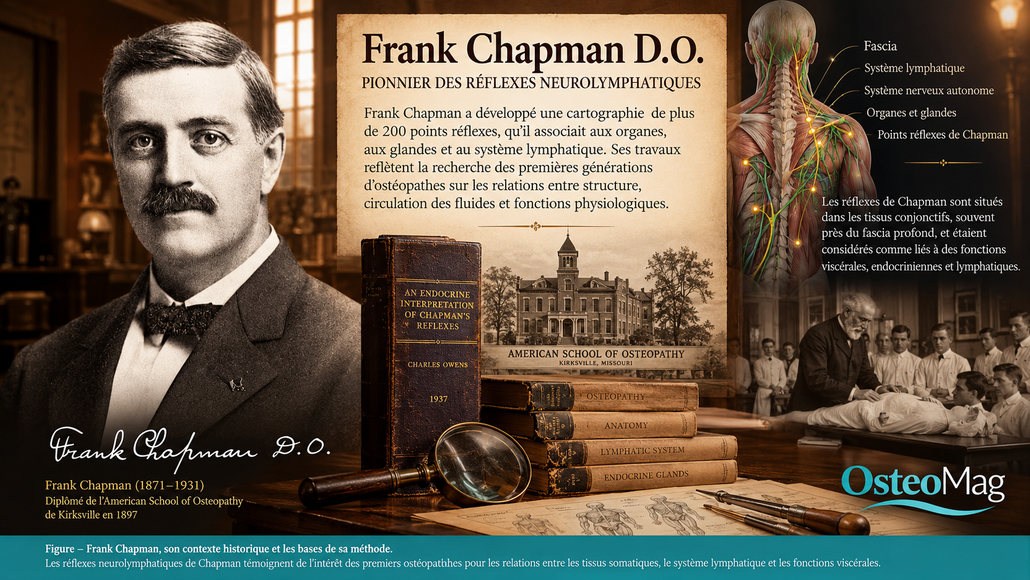 Frank Chapman, ostéopathe américain, portrait historique illustrant les origines des réflexes neurolymphatiques de Chapman, avec logo OsteoMag.