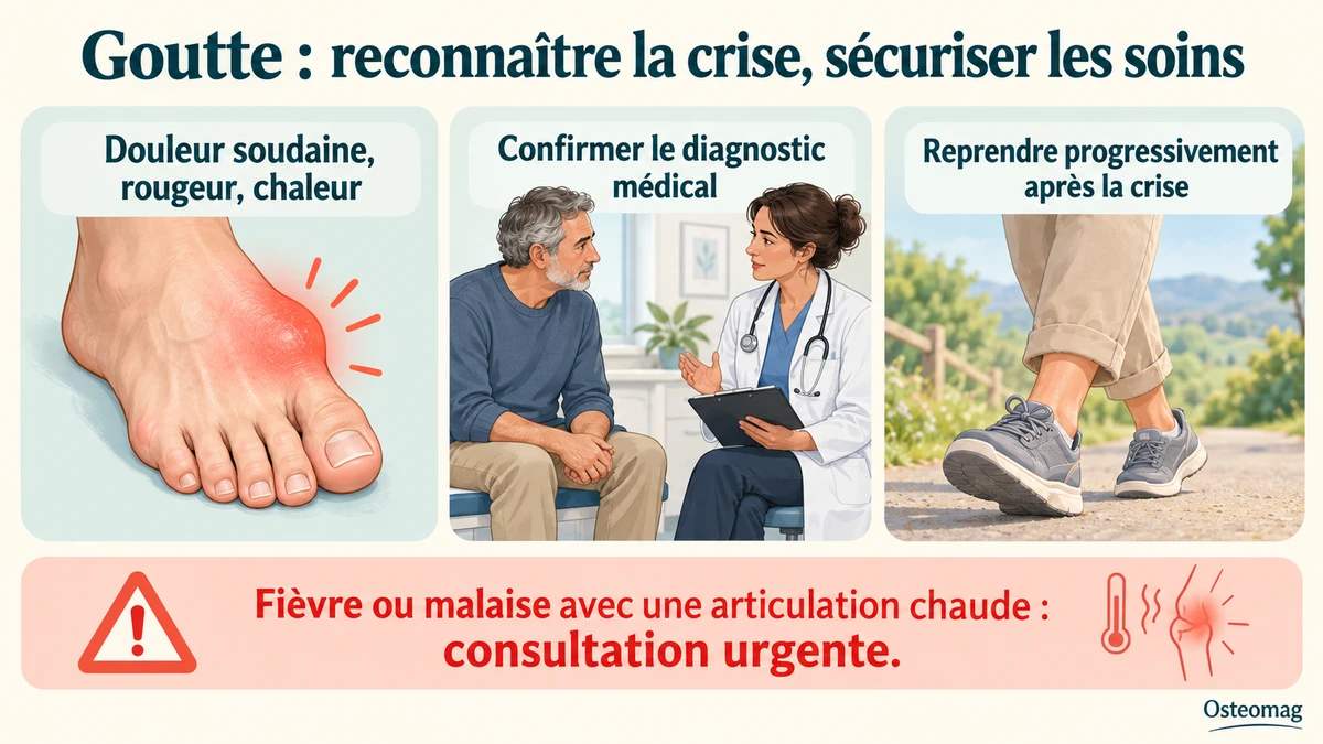 Repères éducatifs sur la goutte : douleur du gros orteil, diagnostic médical, reprise progressive et consultation urgente en cas de fièvre ou de malaise.