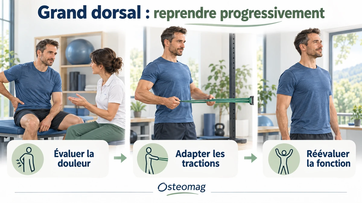 Illustration Osteomag : bilan de douleur, exercice de tirage léger et réévaluation de la fonction.