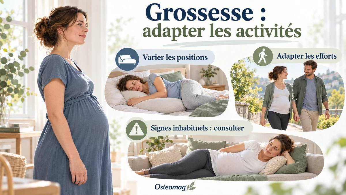 Illustration Osteomag : femme enceinte, positions de repos et marche adaptée, avec trois repères français.
