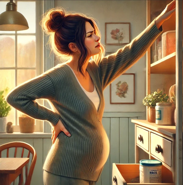 Femme enceinte atteignant une étagère, illustration conservée.
