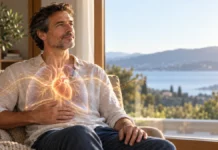 Écouter son corps sans le surveiller : interoception et anxiété Homme assis près d’une fenêtre, avec une illustration conceptuelle des signaux internes du corps.