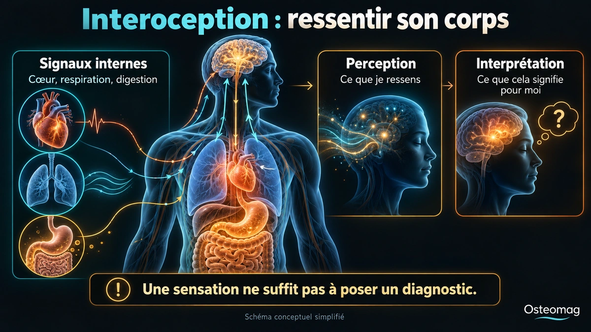 Infographie distinguant les signaux internes du cœur, de la respiration et de la digestion, leur perception et leur interprétation.