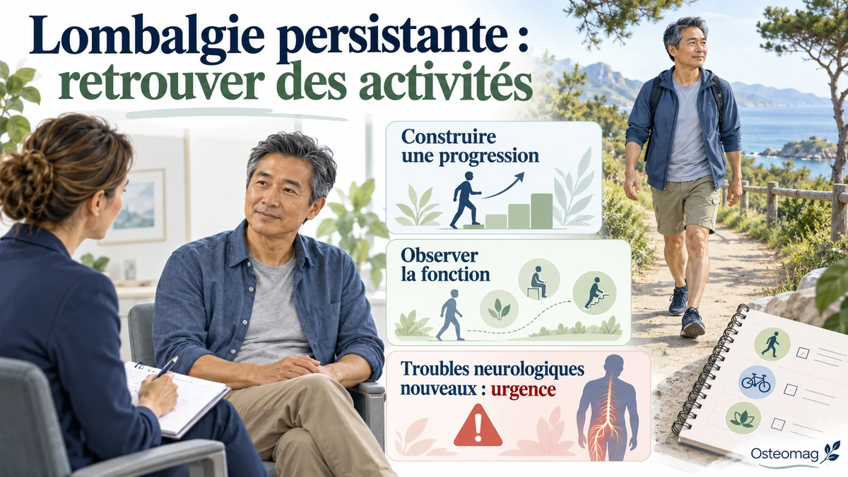 Illustration Osteomag : marche et activités adaptées, avec repères pour progresser et suivre la fonction.