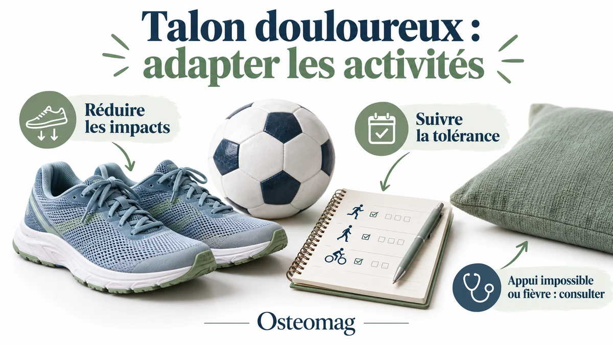 Illustration éducative Osteomag : chaussure et ballon, avec trois repères pour adapter les impacts et surveiller la marche.