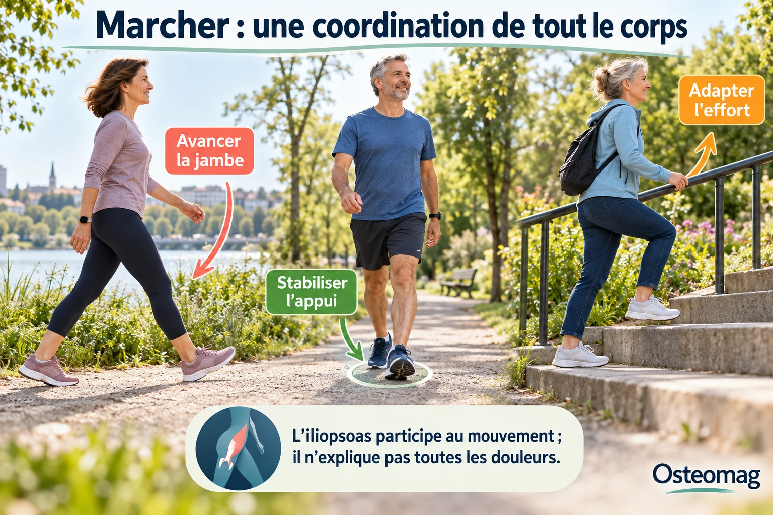 Illustration Osteomag : marche, appui unipodal et montée de marche avec soutien.