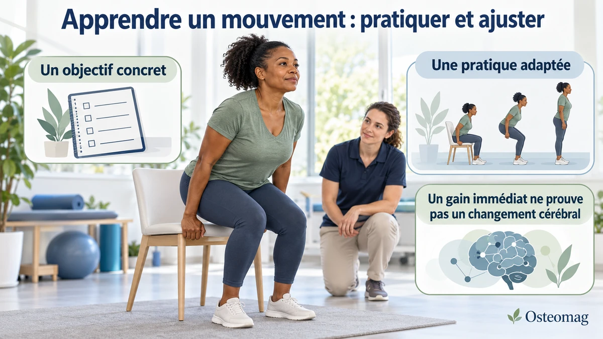Neuroplasticité : apprendre par la pratique — illustration éducative Osteomag annotée en français.