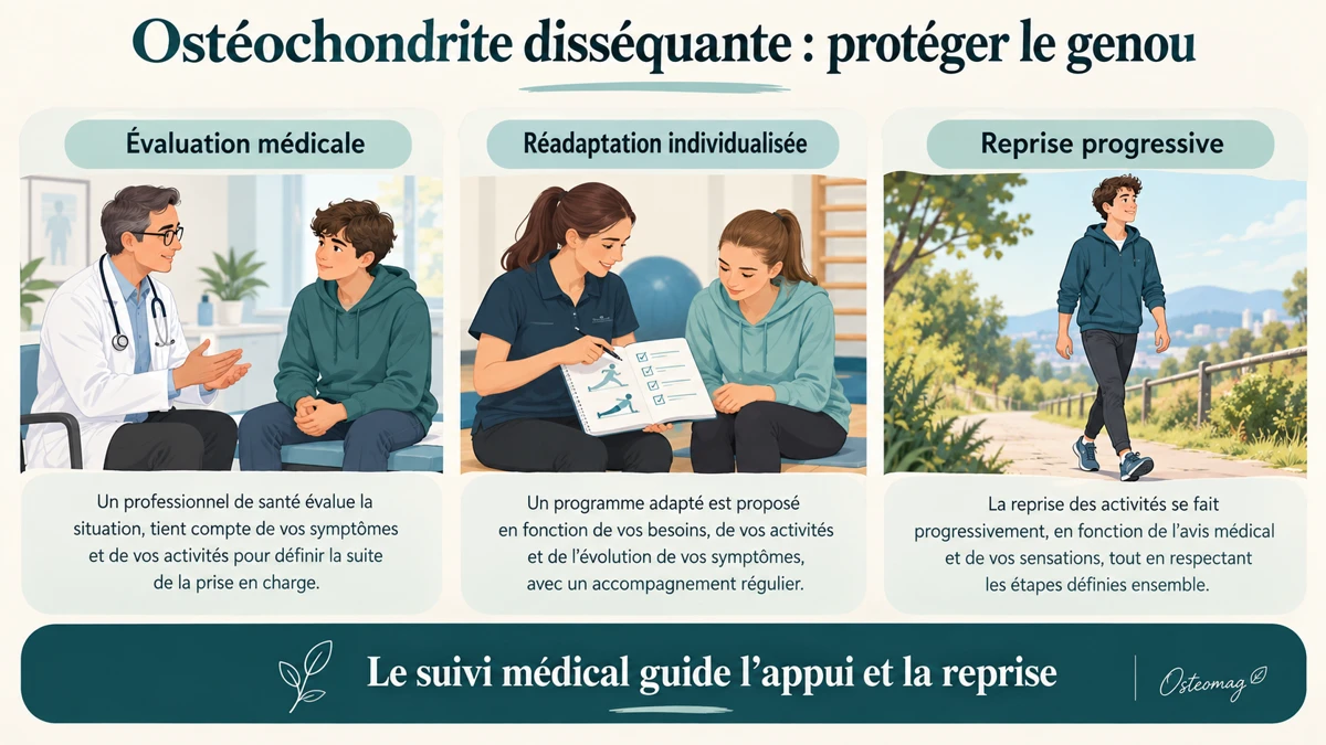 Le suivi médical guide l’appui et la reprise ; réadaptation individualisée.