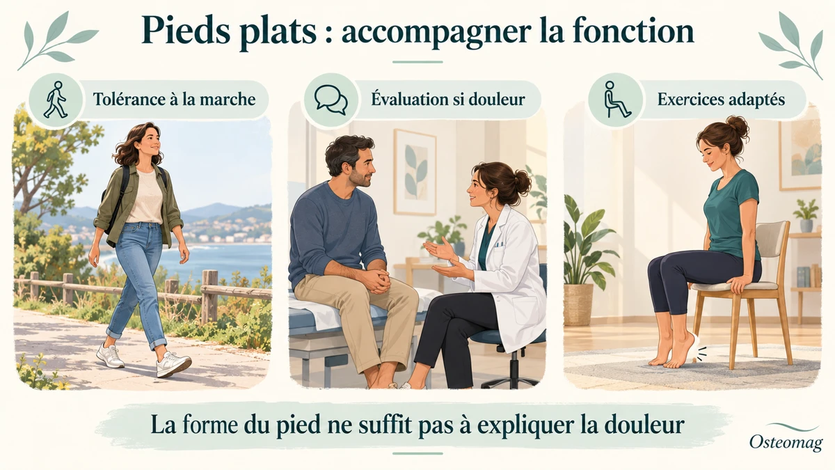 Tolérance à la marche, évaluation si douleur et exercices adaptés ; la forme du pied ne suffit pas à expliquer la douleur.
