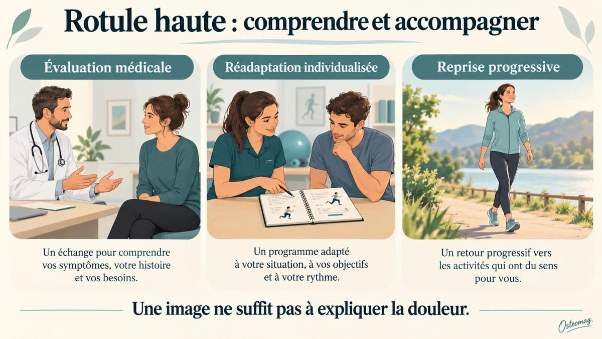 Évaluation médicale et reprise progressive ; une image ne suffit pas à expliquer la douleur.