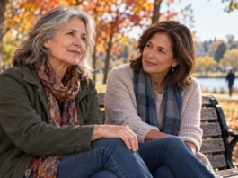Two women sitting together on a park bench, illustrating social support during knee discomfort.