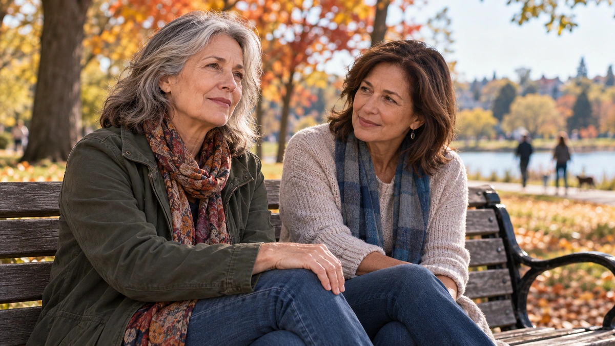 Solitude et douleur — couverture Deux femmes assises sur un banc, illustrant le soutien social face à un inconfort au genou.