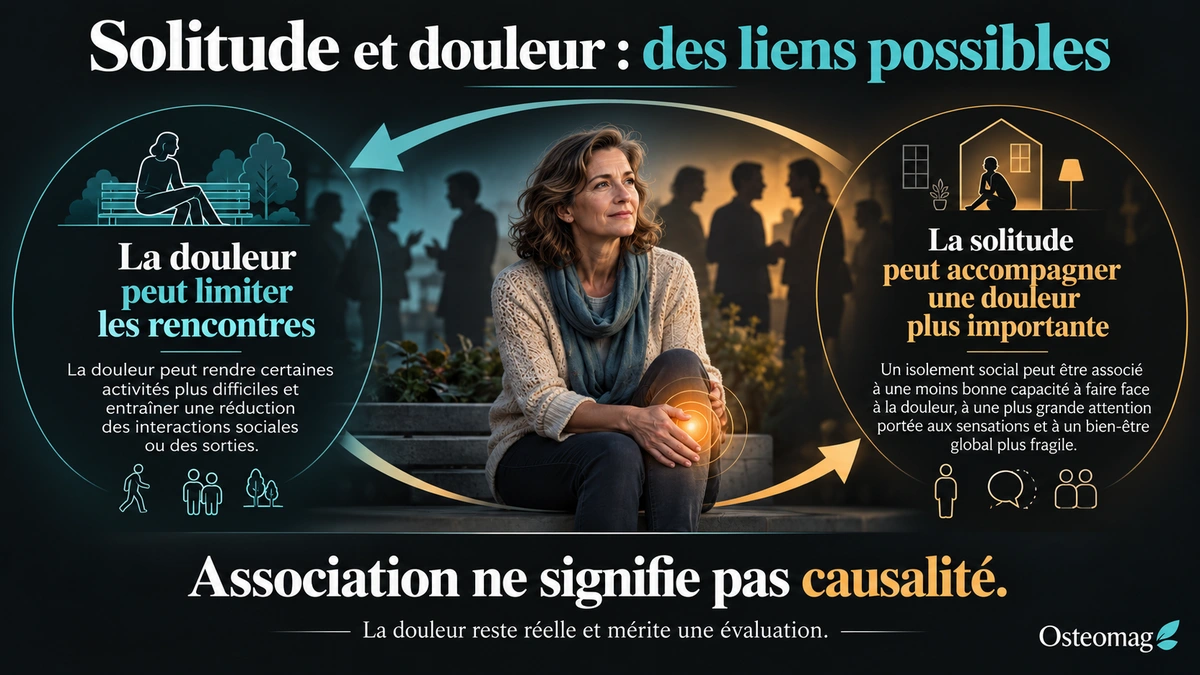 Infographie Osteomag : douleur et solitude peuvent être associées dans les deux sens, sans preuve de causalité.