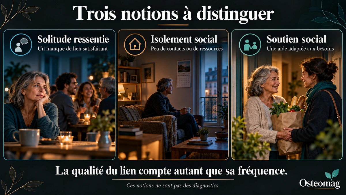 Infographie Osteomag distinguant solitude ressentie, isolement social et soutien social.