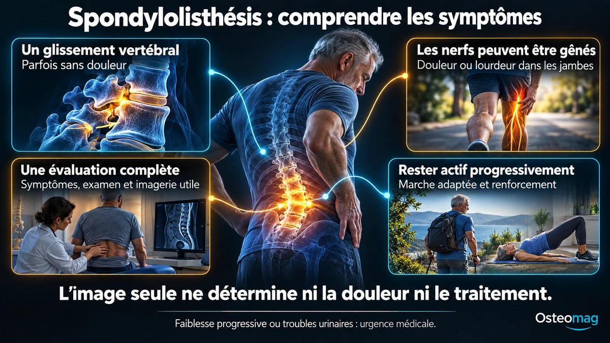 Spondylolisthésis dégénératif : symptômes, examen et activité progressive.